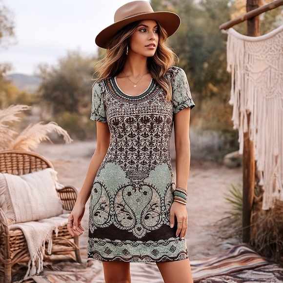 Papillon Blanc Dresses & Skirts - Papillon Boho Paisley Knit Brown Teal Floral Sweater Dress Eclectic Grandpa M